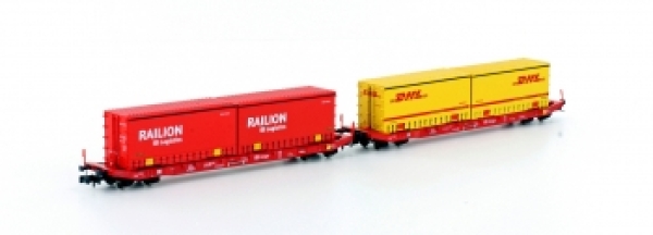 N D DB Containertragwagen Set 2x, 4A, Ep.VI, Wechselpritsche, DHL, Railion,