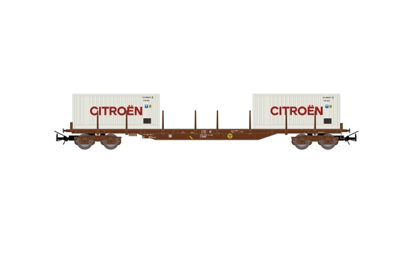 H0 F SNCF Rungenwagen bel. Container 2x, 4A, Ep.IV, braun, " Citroen ", etc......................................................................