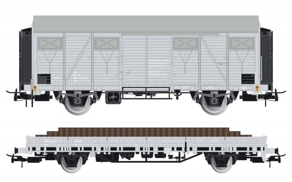 H0 I FS Güterwagen ged., Set., 1x beladen, 2x, 2A, Ep.IV, hellgrau, Holzschwellen,