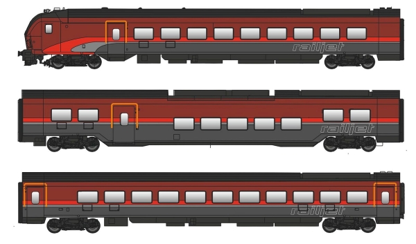 H0 A ÖBB Reisezugwagen Set 3x, mit Steuerwagen, RJ, R 3 ( 420mm ), Lichtwechsel weiß/ rot, etc......................................