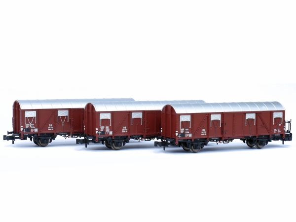 N D DB Güterwagen Set 3x, Glmmhs 57, ged., Nr.217 162, 217 288, 217 294, mit Bremserbühne, 2A, L= 78- 81mm, Ep.III, etc.................................