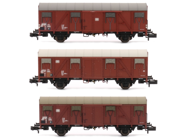 N D DB Güterwagen Set 3x, Gbs 245/ Gbrs-v245, ged. Nr.152 1 501 3, 152 2 251 4, 155 6 582 1, 2A, L= 78mm, Ep.IV, braun, etc........................................