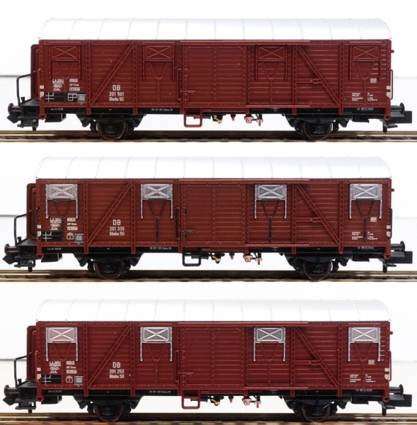 N D DB Güterwagen Set 3x, Glmhs 50, ged. Nr.201 252, 201 335m 201 501, mit Bremserhaus, 2A, L= 81mm, Ep.III, braun, etc.........................................