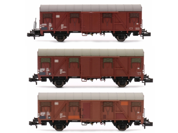 N D DB Güterwagen Set 3x, Gbs 253, ged., Nr.141 3 724 2, 141 3 998 2, 141 4 121 0, mit Bremserbühne, 2A, L= 78- 81mm, Ep.III, braun, etc................................. - Kopie