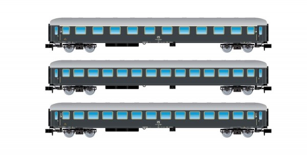 N I FS Personenwagen Set 3x, Kl.1, Kl.2, UIC-X TYP 1964,  L=495mm,  4A, Ep.IV, " grigio ardesia ", etc......................