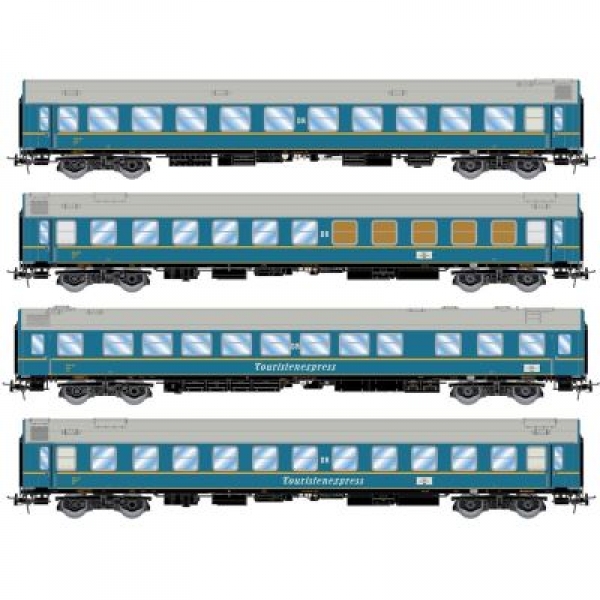 H0 D DR Personenwagen Set, 4x, Schlaf- Schlaf-Gepäckabteilwagen, Speise- Versorgungswagen, 4A, Ep.III, hellblau, L= 1133mm,  " Tourex "