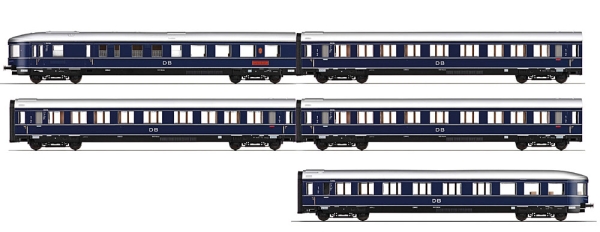 H0 D DB Reisezugwagen Set 5fach " Blauer Enzian ", 4A, Ep.III, blau, etc..............................