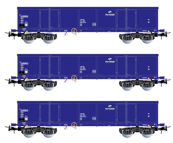 H0 PL PKP Güterwagen Set 3x, off., Eaos, L=480mm, 4A, Ep.V- VI, blau,  etc...................